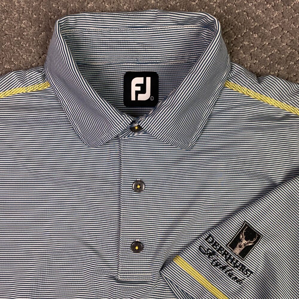 FootJoy Polo Golf Shirt Men's Large Blue White Yellow Stripe Performance Stretch